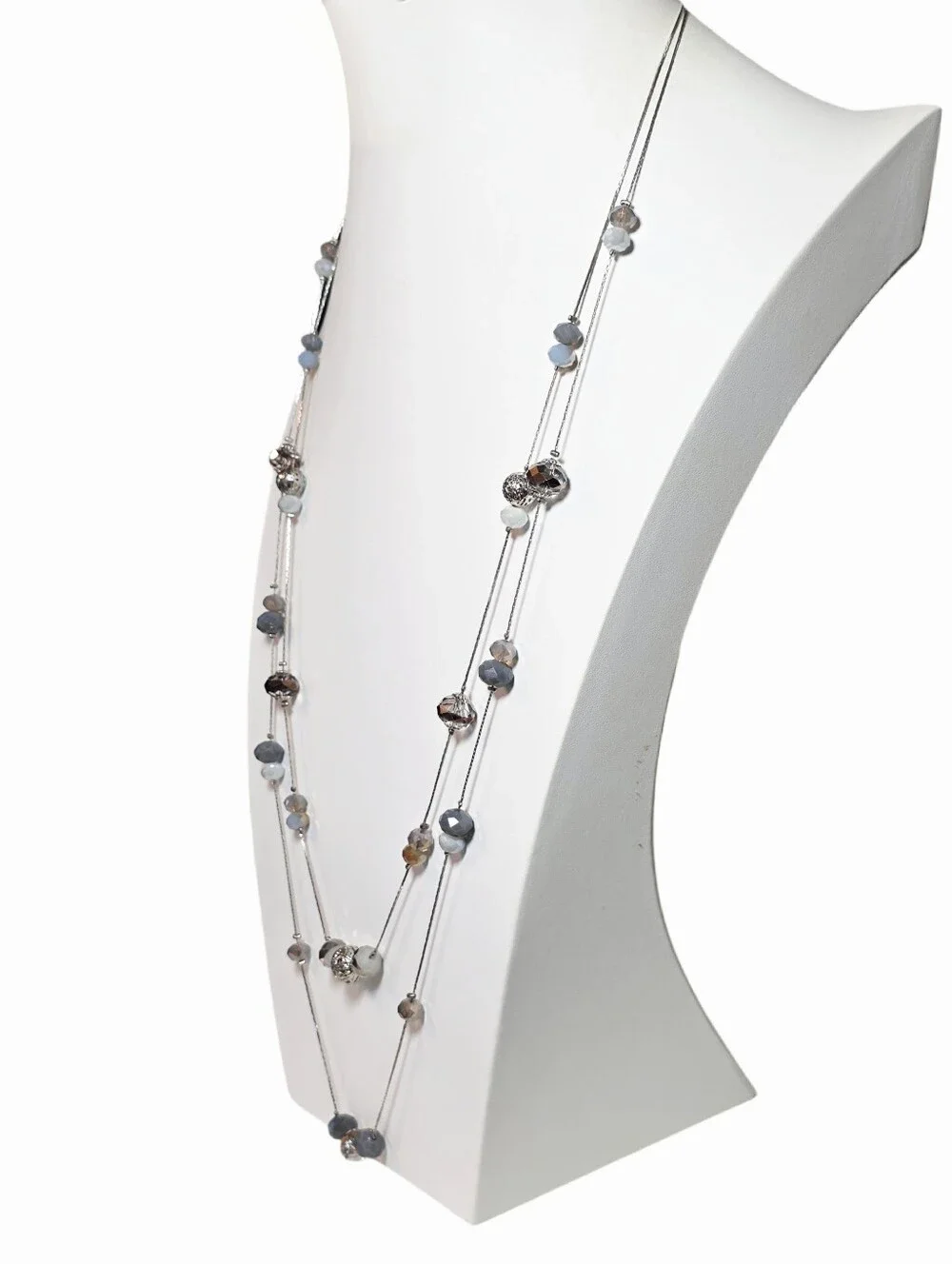 Multi-Tone Faceted Gray & Iridescent & Silver Bead Two Strand Long Necklace